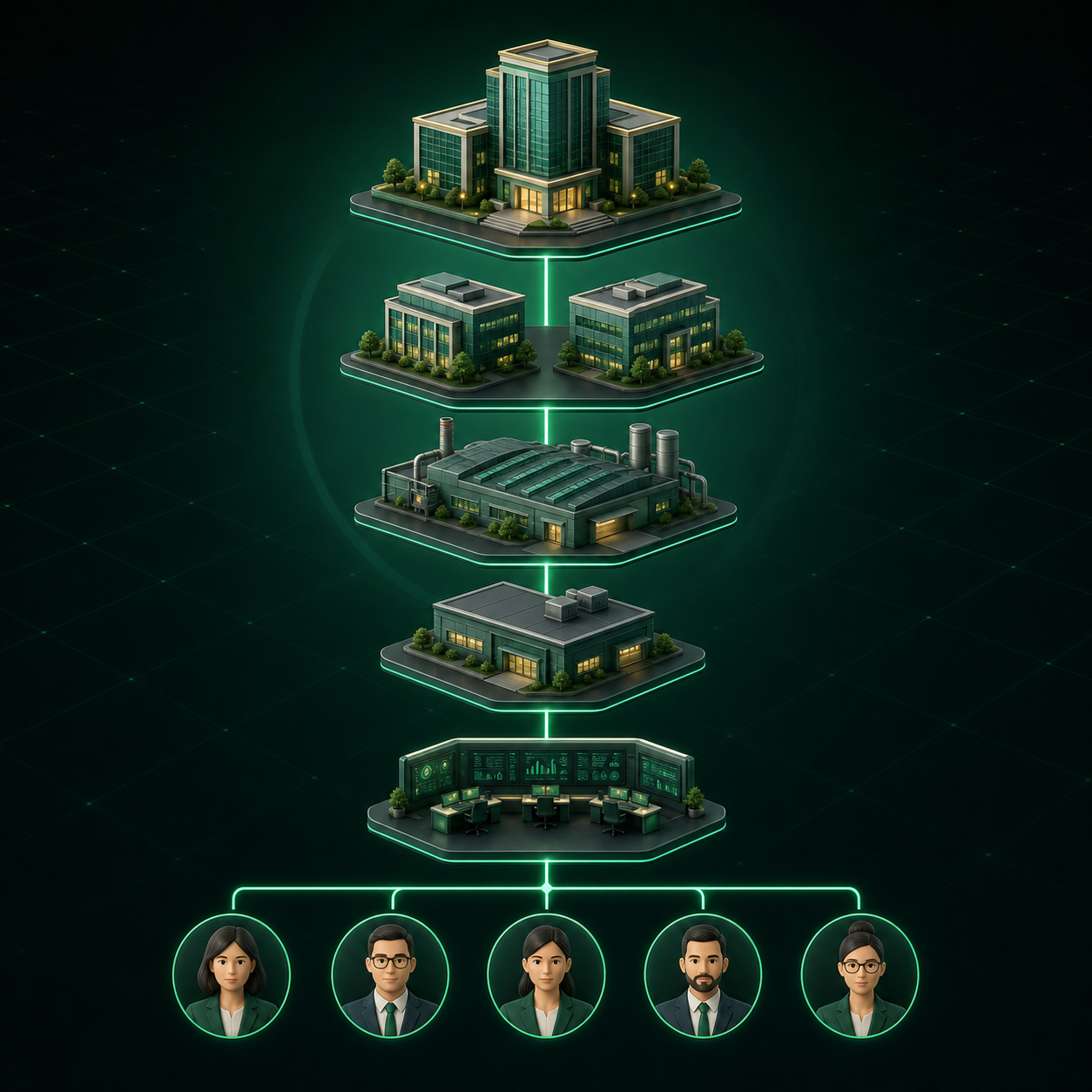 Five-level enterprise hierarchy linked to a larger audit team