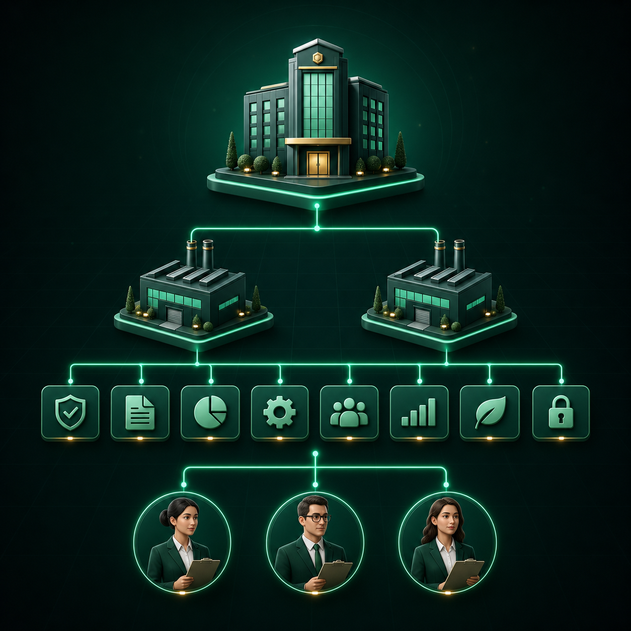 Headquarters linked to two companies, departments, and three auditors